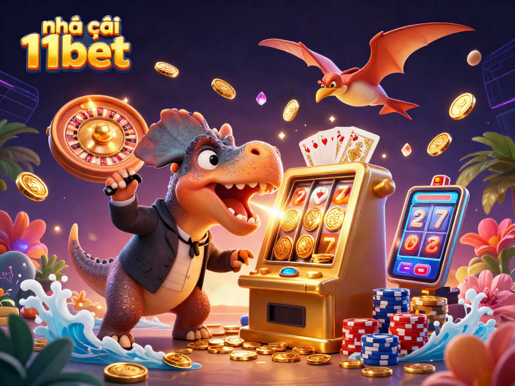 Engaging scene of nhà cái 11bet with 3D dinosaurs and casino elements showcasing excitement and jackpots.