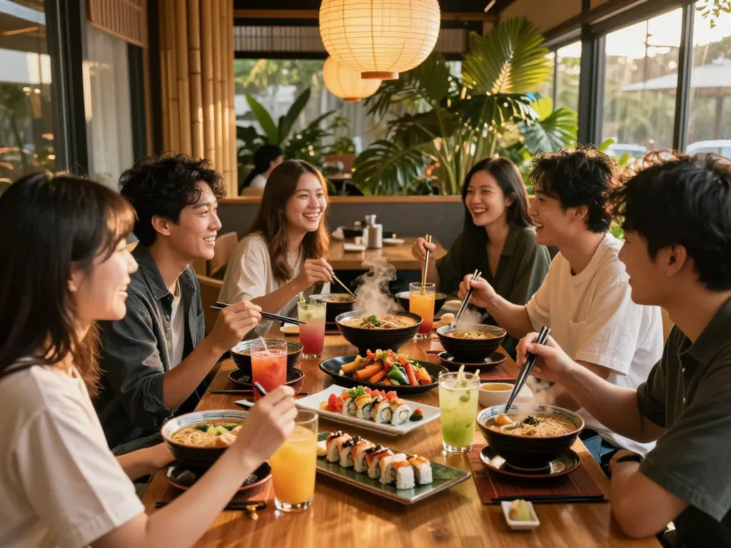 Friends enjoying sushi and ramen at RED88 restaurant during golden hour, vibrant colors and inviting atmosphere.