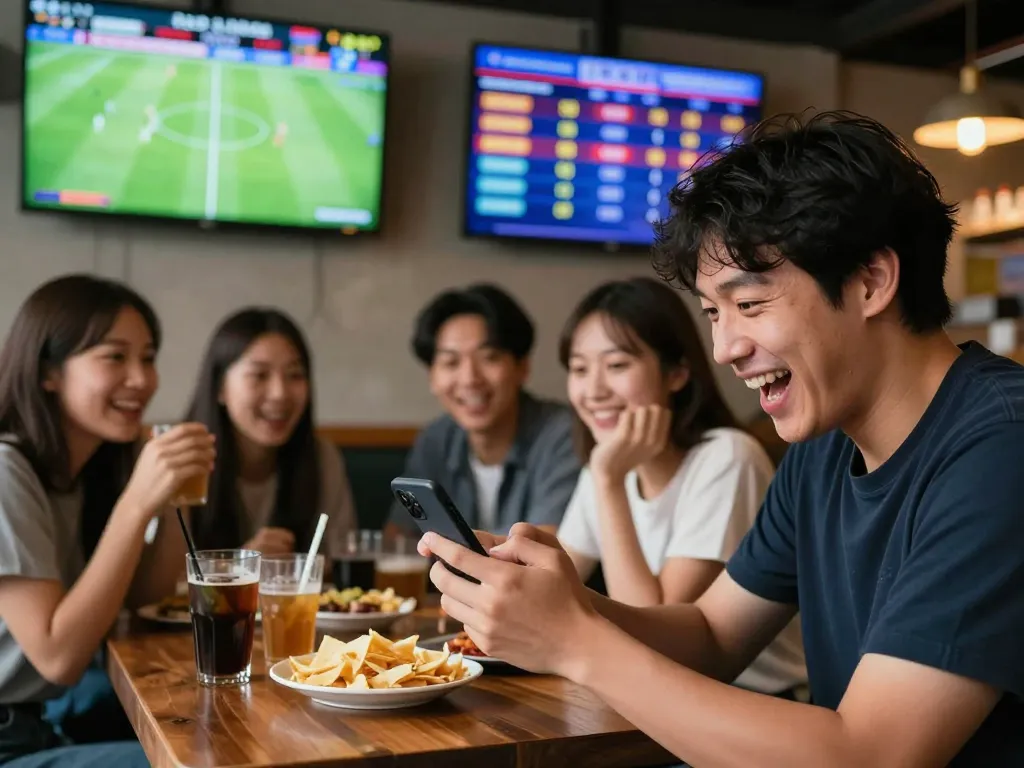 Person analyzing kèo nhà cái on smartphone while watching live football match in a vibrant sports bar atmosphere.