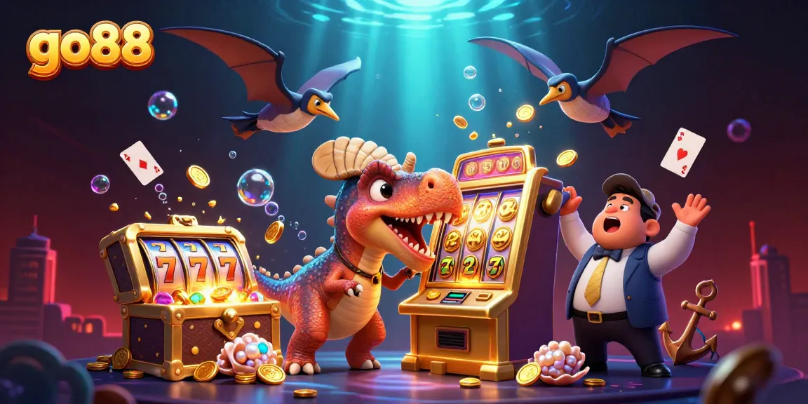 go88 features a dinosaur-themed casino scene with jackpot-winning action and vibrant underwater treasures.