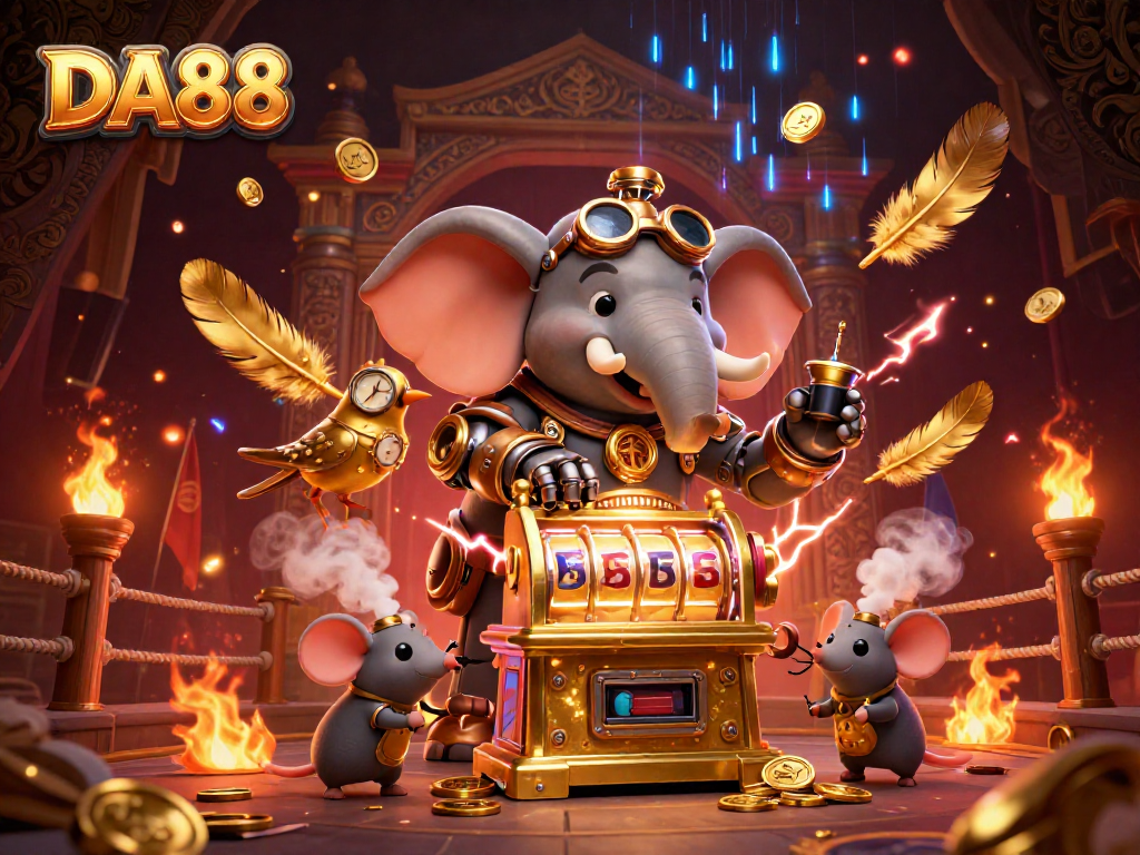 Experience excitement at DA88 with a steampunk elephant and captivating casino elements in this dynamic scene.