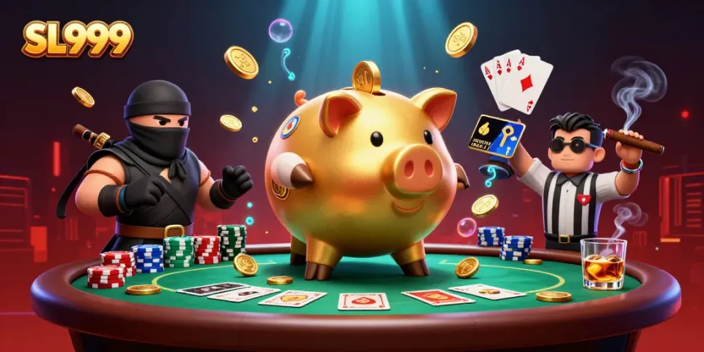 Experience thrilling gameplay with the energetic characters of SL999 illustrated in a vivid casino scene.
