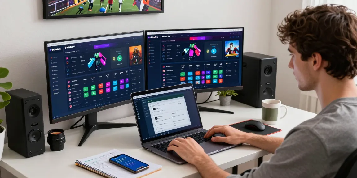 Ein Spieler nutzt BetLabel auf einem Laptop zu Hause, umgeben von Gaming-Zubehör und Notizen.