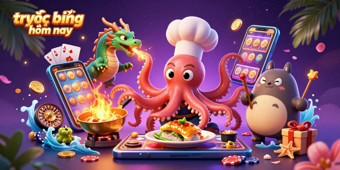 Engage with trực tiếp bóng đá hôm nay, witnessing the thrilling scene of a sushi chef octopus with a dragon companion preparing unique dishes amidst dynamic gaming elements.