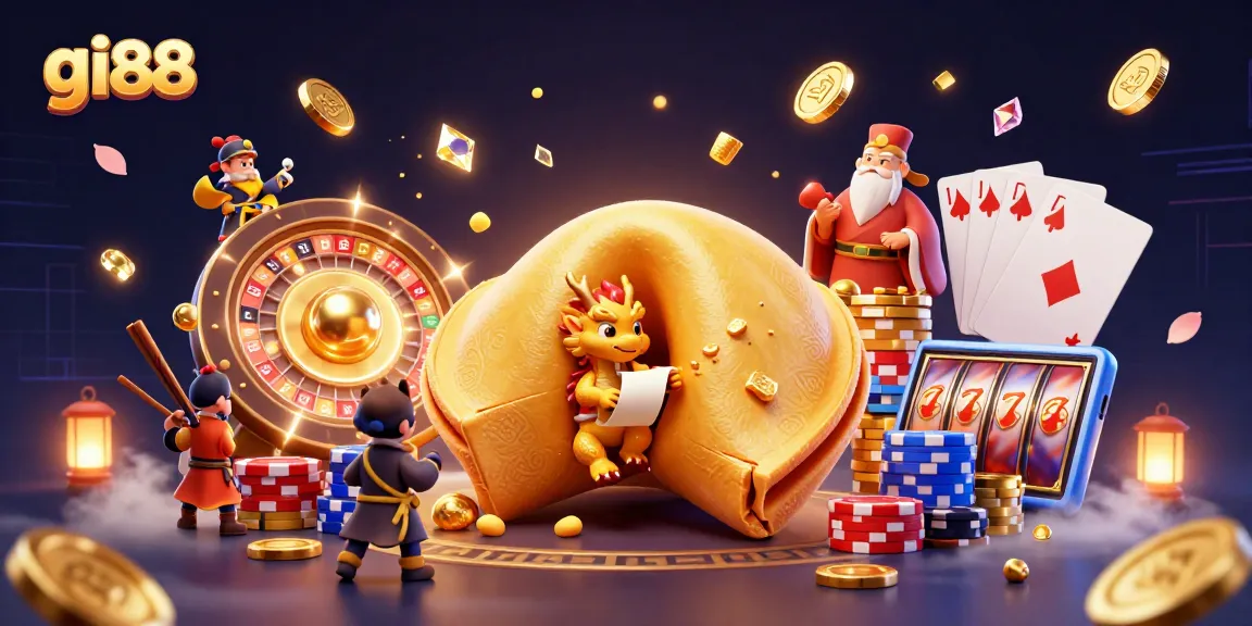 Experience the excitement of gi88 with a dynamic 3D illustration of a fortune cookie, dragon, and casino elements.