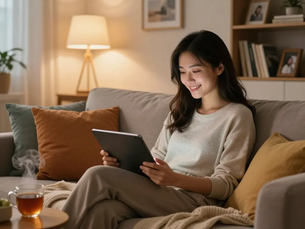 Engaging cozy moment with a young woman interacting with her girlfriend AI on a tablet, highlighting emotional bond and comfort.