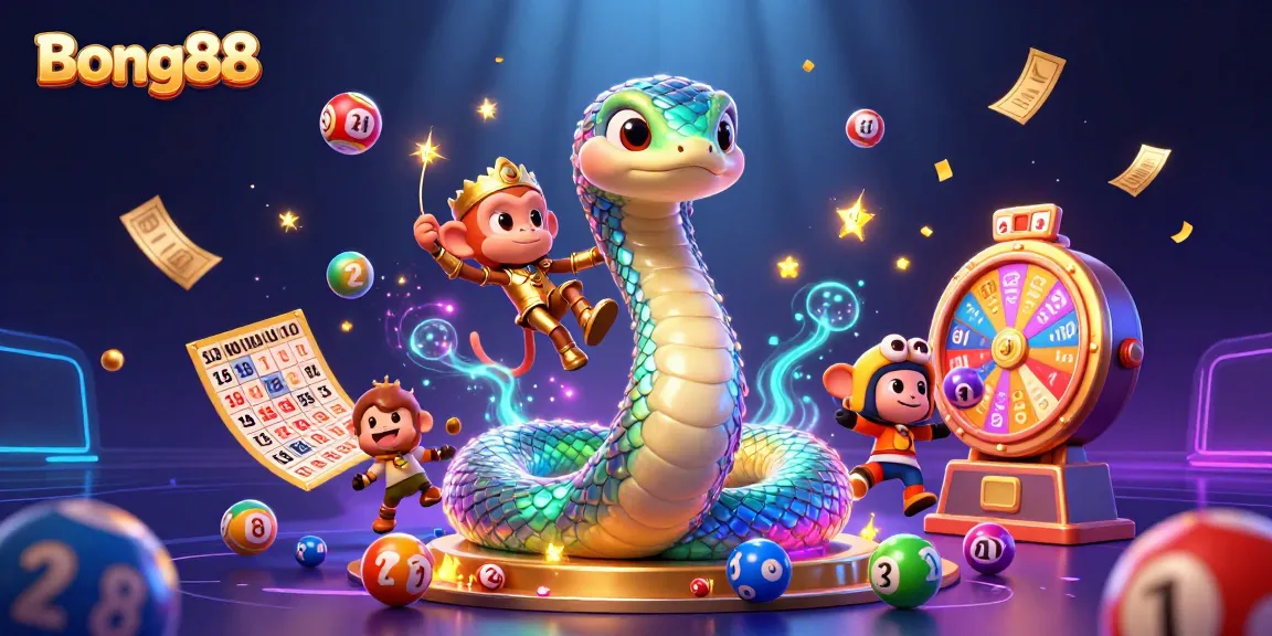 Bong88 captures the excitement of gambling with vibrant lottery balls, sparkling elements, and enchanting characters.