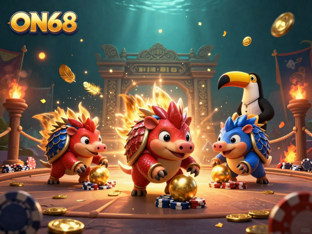 Experience the thrill of ON68 with rival pangolins bowling through poker chips in an exciting casino scene.