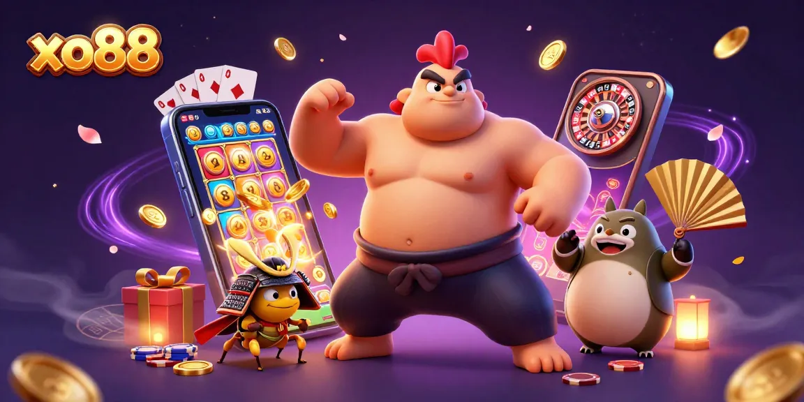 Engaging scene of xo88 with a sumo wrestler rooster and dynamic gaming elements showcasing excitement.