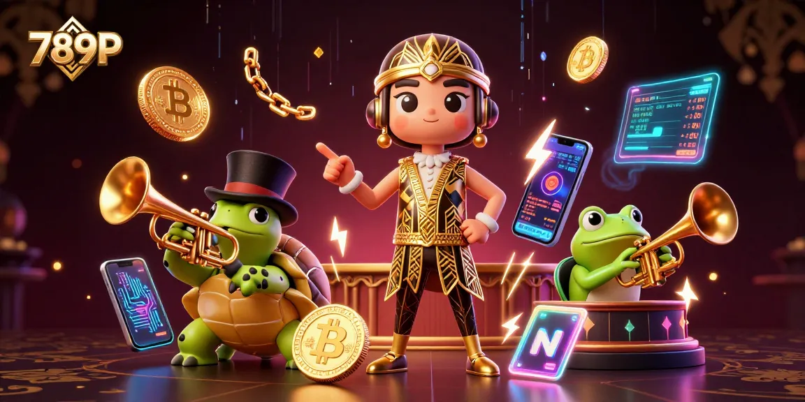 Immerse in the excitement of 789P as cartoon characters celebrate gambling wins amid glowing crypto coins.