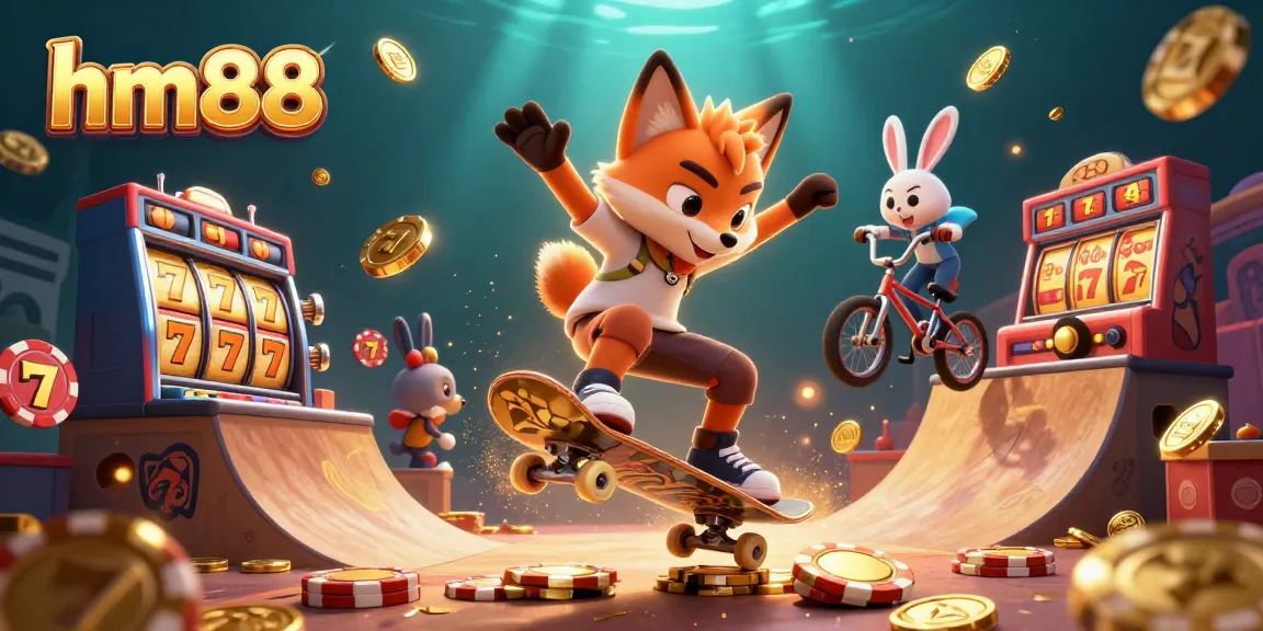 Experience the thrilling excitement of hm88 with a skateboarder fox flipping over golden poker chips in a vibrant casino setting.