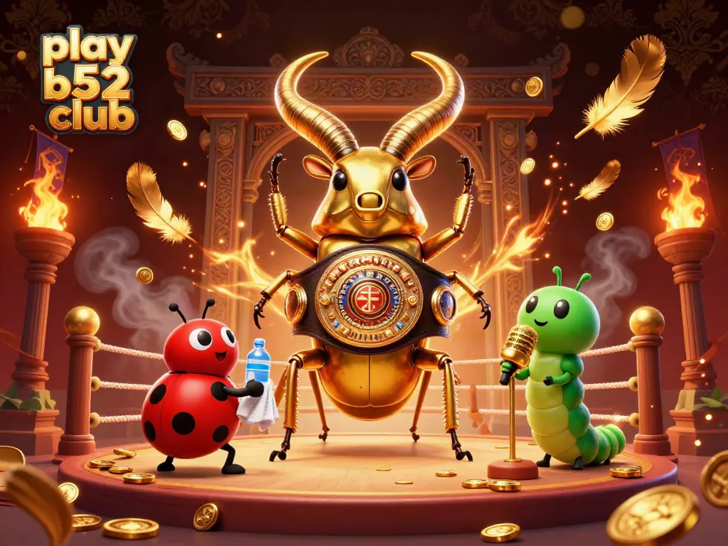 Engage in the thrill of play b52 club with a dynamic king beetle boxing scene amidst golden gaming elements.