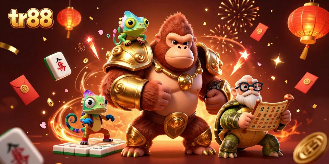 Experience the excitement of tr88 as a powerful gorilla king and companions celebrate gambling wins.