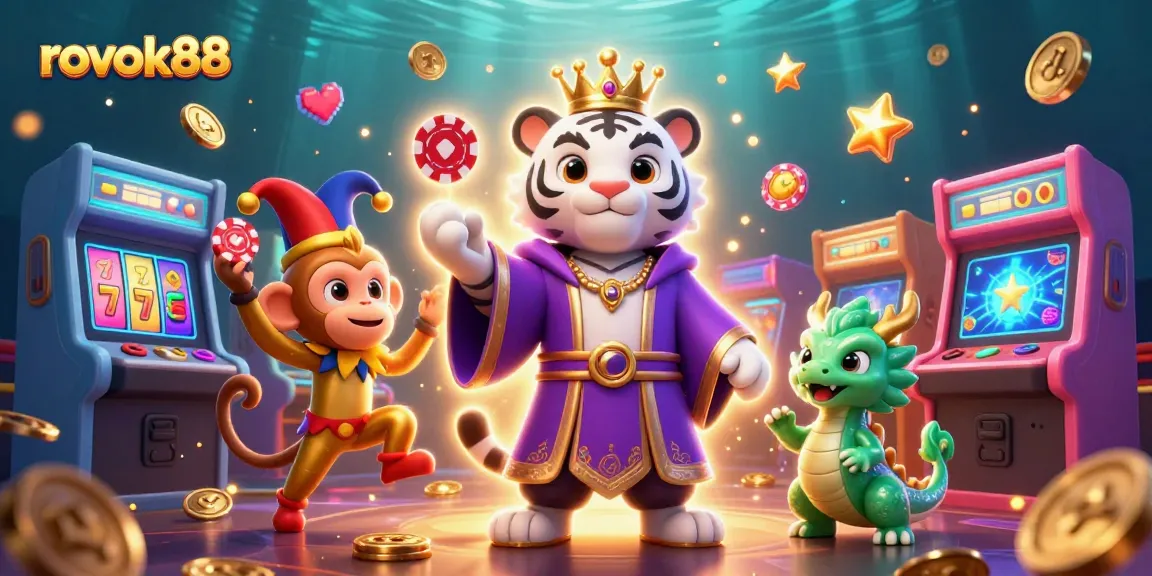 Engage with rokok88's vibrant casino scene featuring a royal tiger, jester monkey, and dynamic gaming elements.