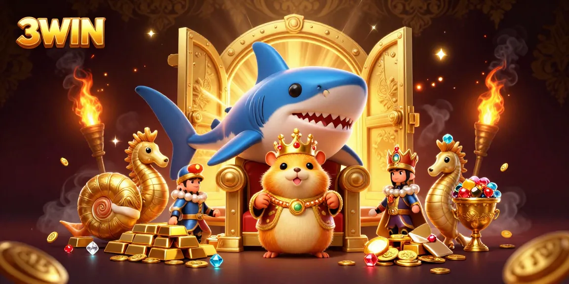 3WIN showcases an adventurous golden hamster king on a megalodon throne amidst a treasure-filled casino.