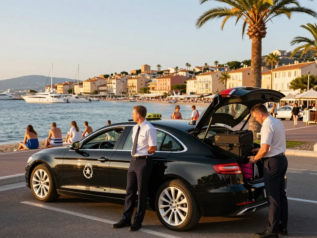 Service de Taxi Saint-Tropez avec chauffeur professionnel et véhicule de luxe près de la plage.