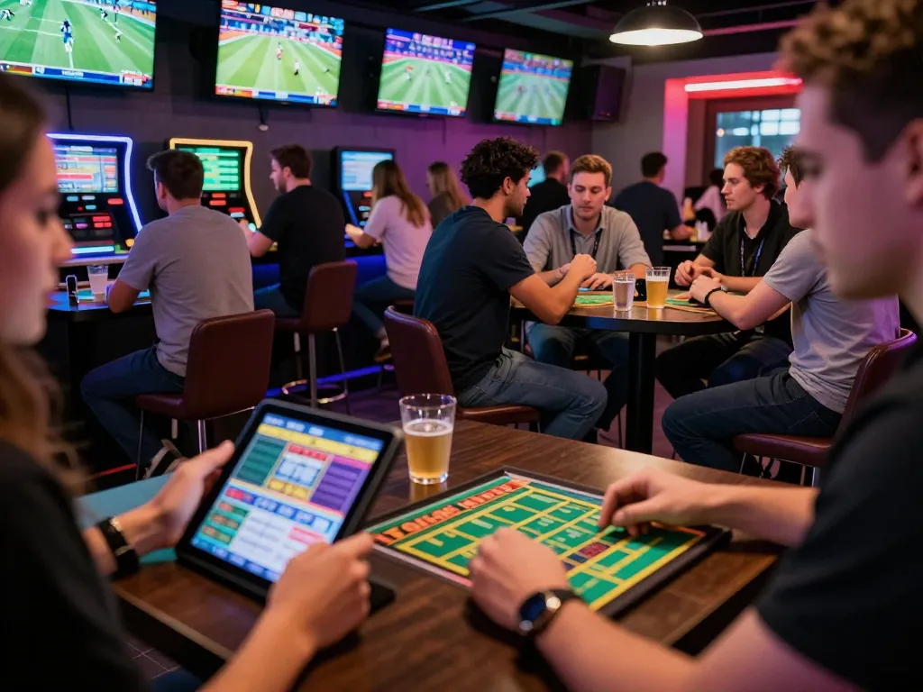 Patrons engaging in sports betting at RR99 venue, placing bets and watching live games.