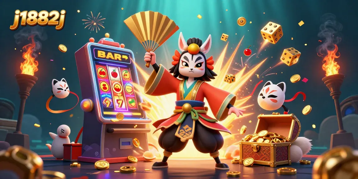 Experience j1882j excitement with a kabuki warrior and slot machine bursting with winnings.