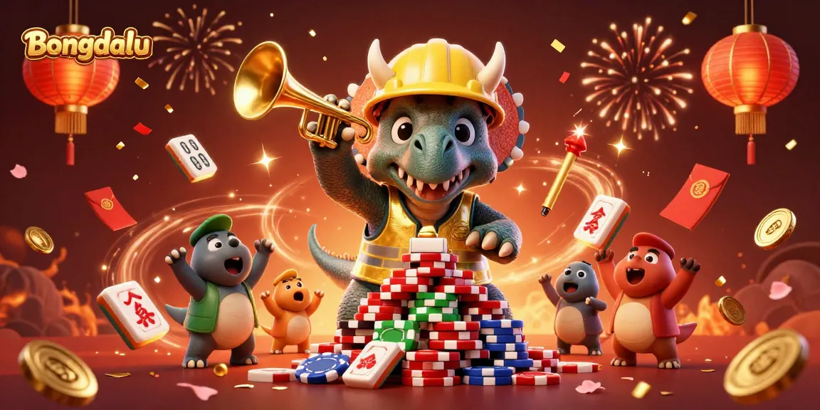 Bongdalu showcases a vibrant and festive scene with cartoon dinosaurs and festive gambling elements celebrating.