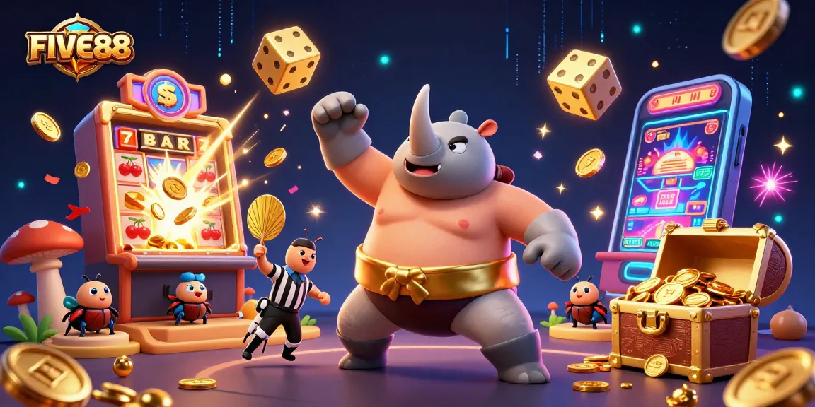 Experience the excitement at FIVE88 with a dynamic casino scene featuring a beetle sumo champion and vibrant jackpot elements.