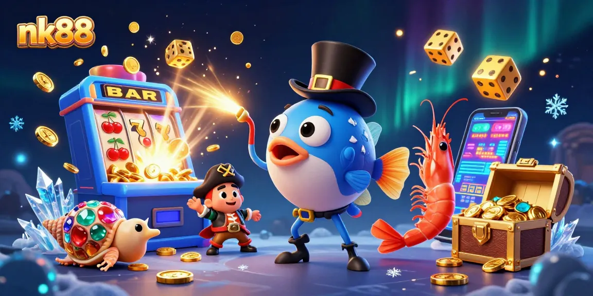 Win big with nk88's exciting 3D slot machine jackpot and underwater adventure illustration.