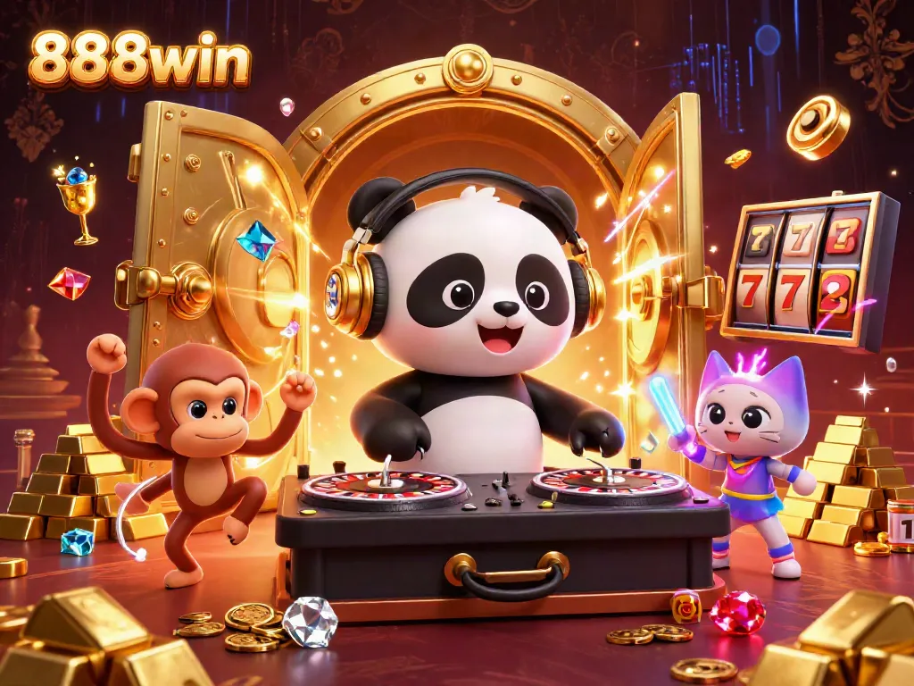 Experience vibrant casino energy with 888win as characters celebrate amid riches and thrilling games.
