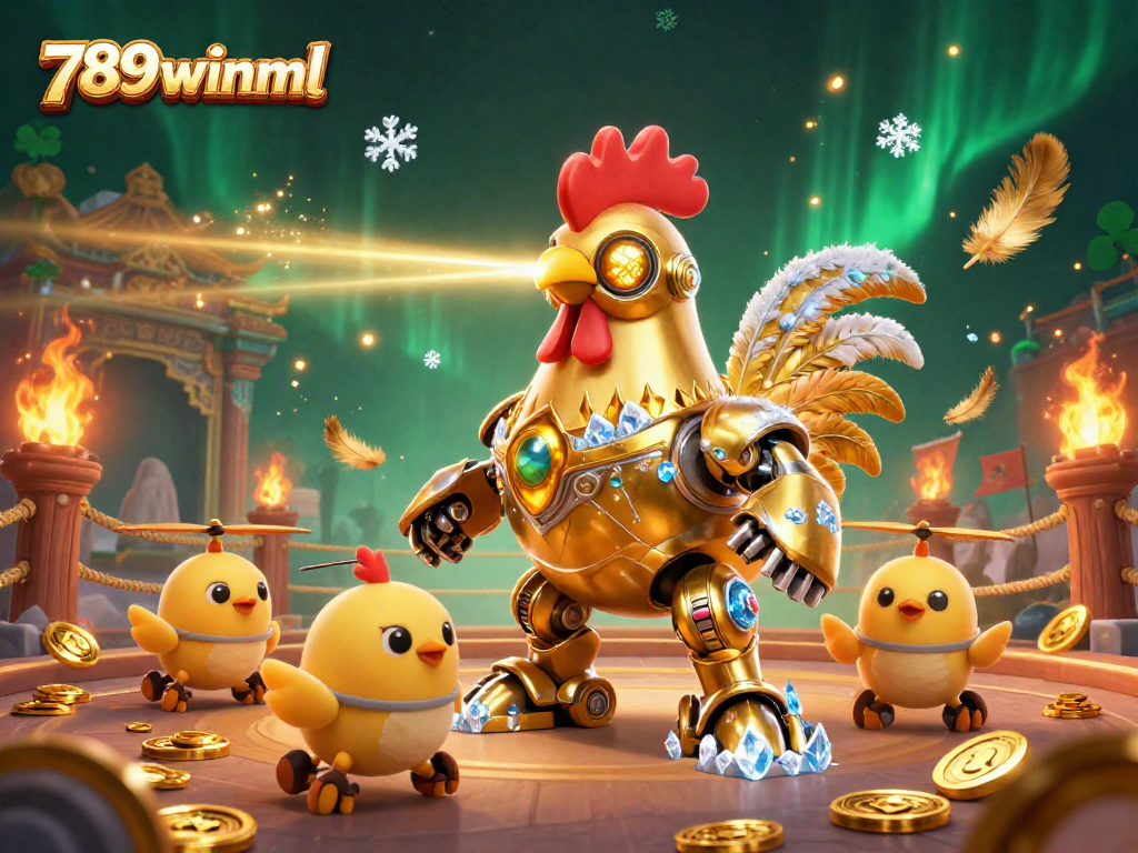 Experience the excitement of 789winml with a golden rooster robot and baby drones in a vibrant casino scene.