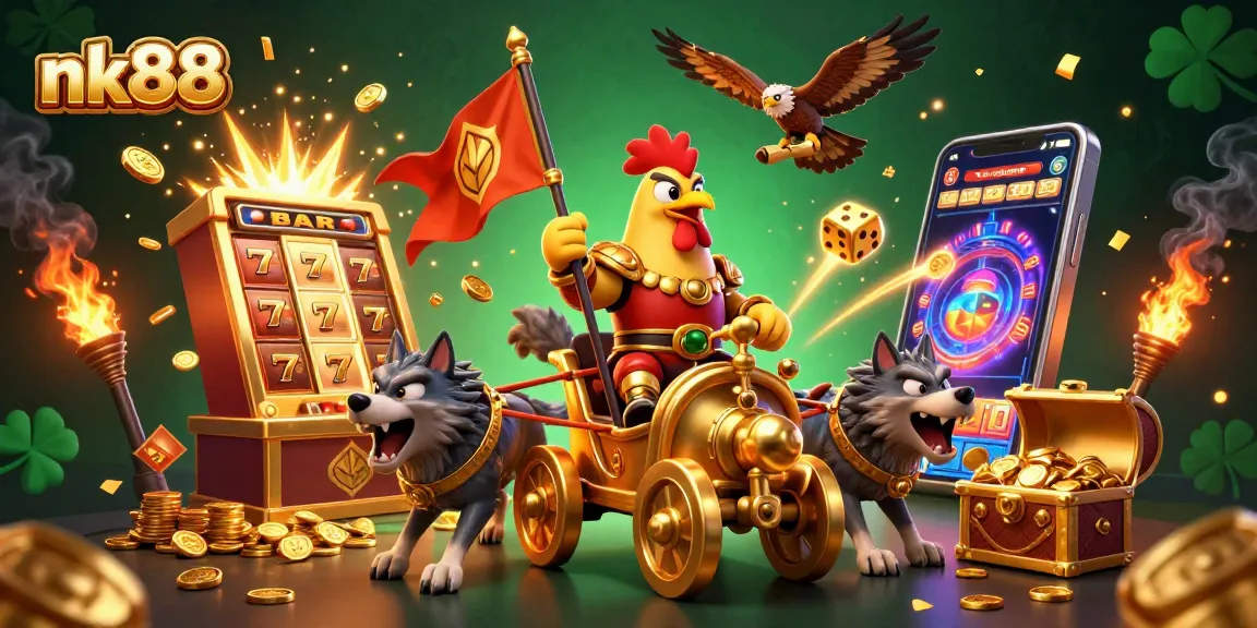 Experience the thrill of nk88 in a vibrant 3D casino illustration featuring dynamic characters and exciting game elements.