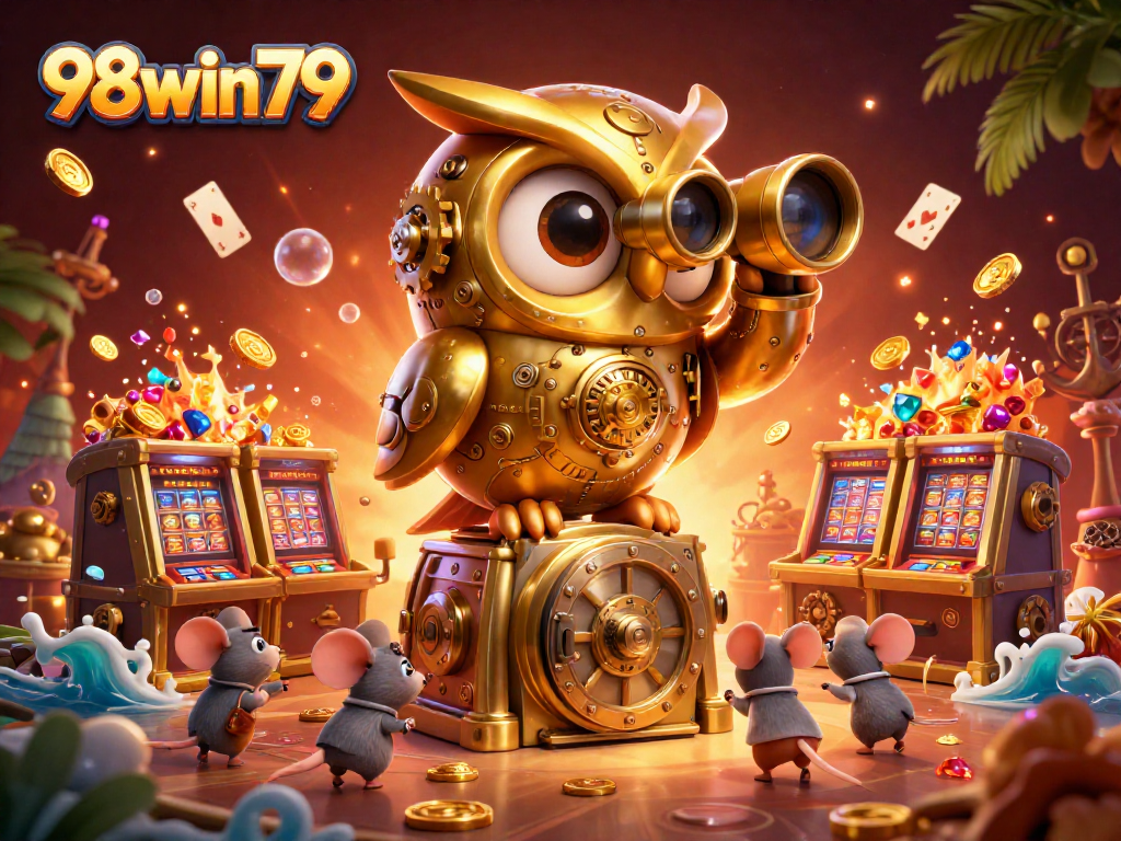 Experience thrilling gameplay with 98win79, featuring a gold owl surveying a vibrant casino scene.