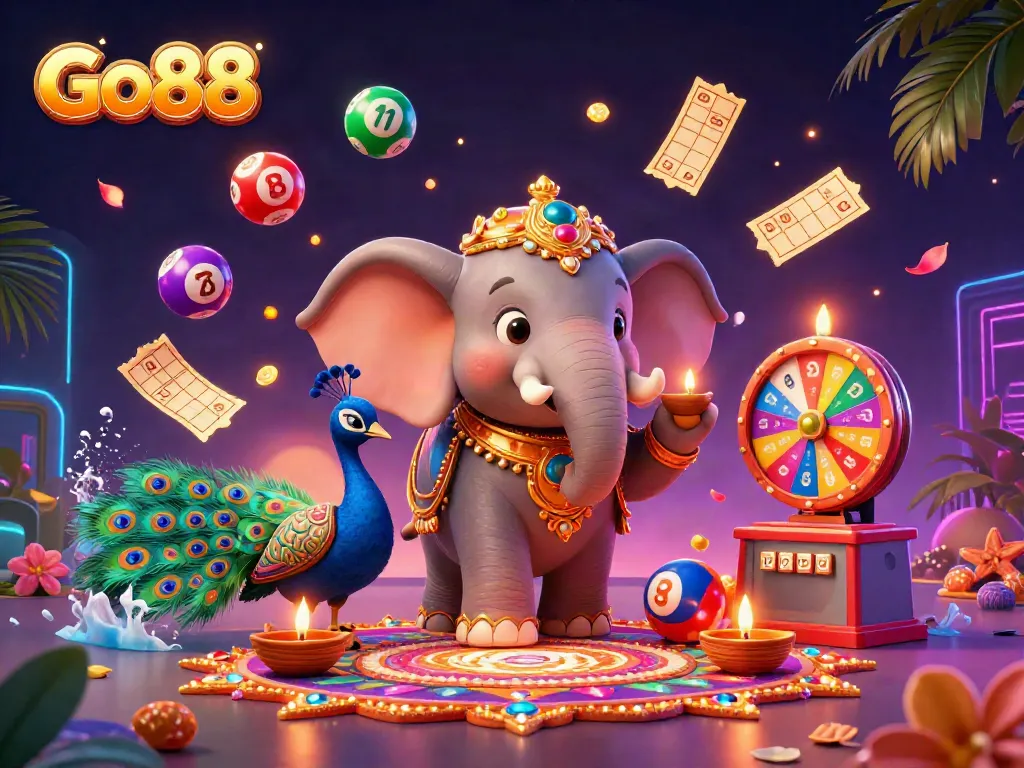 Experience Go88's vibrant online casino atmosphere with dynamic gaming elements and rich colors.