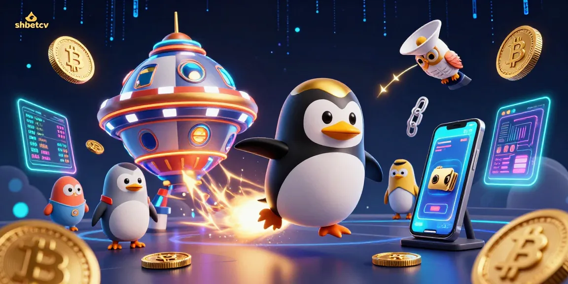 Engage in shbetcv's vibrant casino adventure with gold coins, glowing crypto coins, and a rocket-powered penguin.