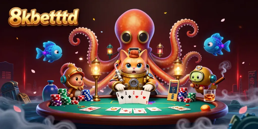 Engage with the thrilling world of 8xbetttbd where a colossal kraken meets a vintage diving cat amidst a high-stakes poker scene.