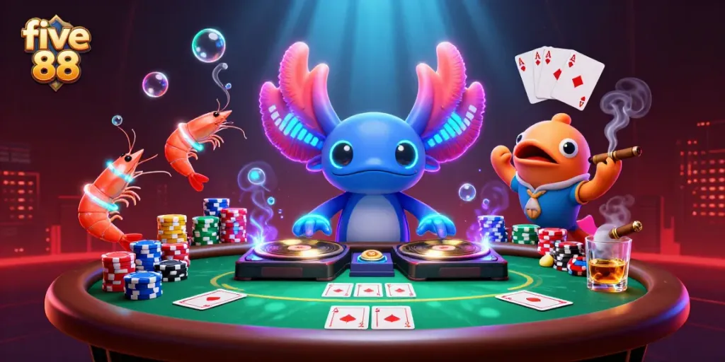 Engage with five 88's vibrant casino scene featuring an axolotl DJ spinning records amidst poker chips.