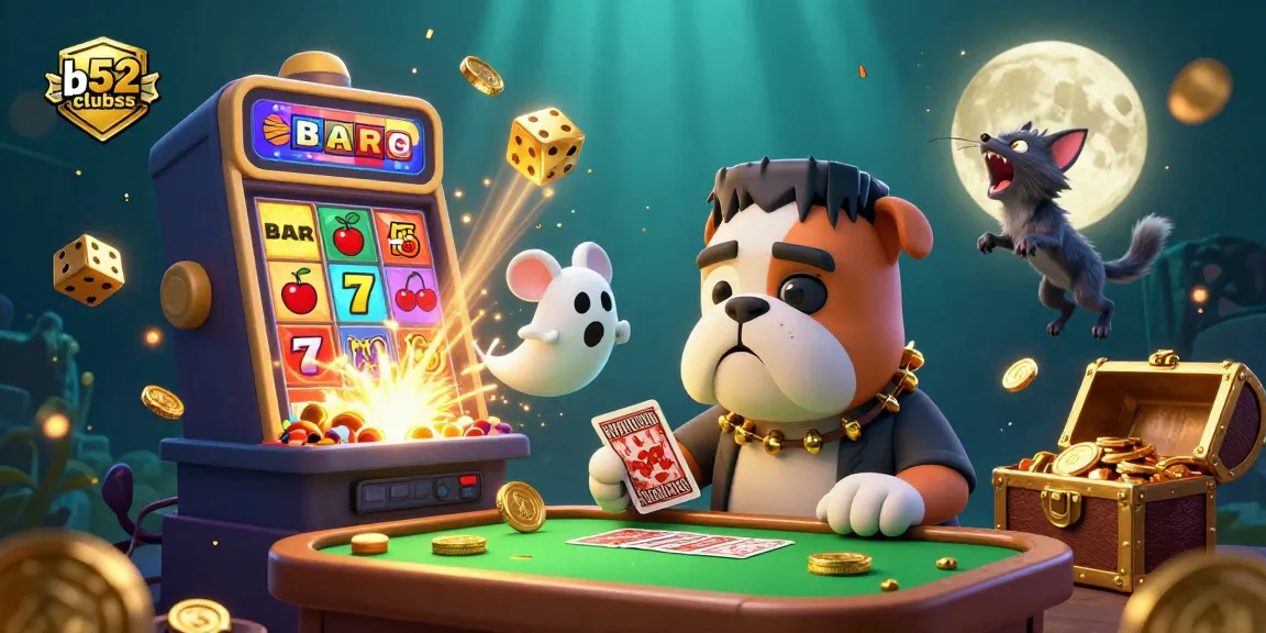 b52clubss players enjoying casino action with a 3D Frankenstein bulldog dealer and jackpot winning elements.