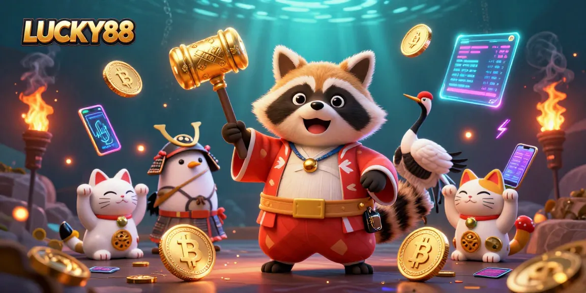 LUCKY88 invites players to experience vibrant gaming with cheerful tanuki, fortune cats, and crypto elements.