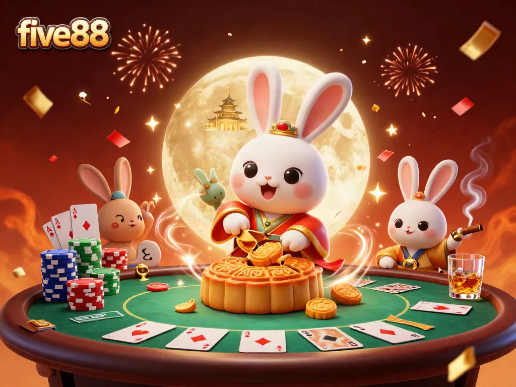 Experience the excitement of five88 with the moon rabbit cracking open mooncakes to reveal poker chips.