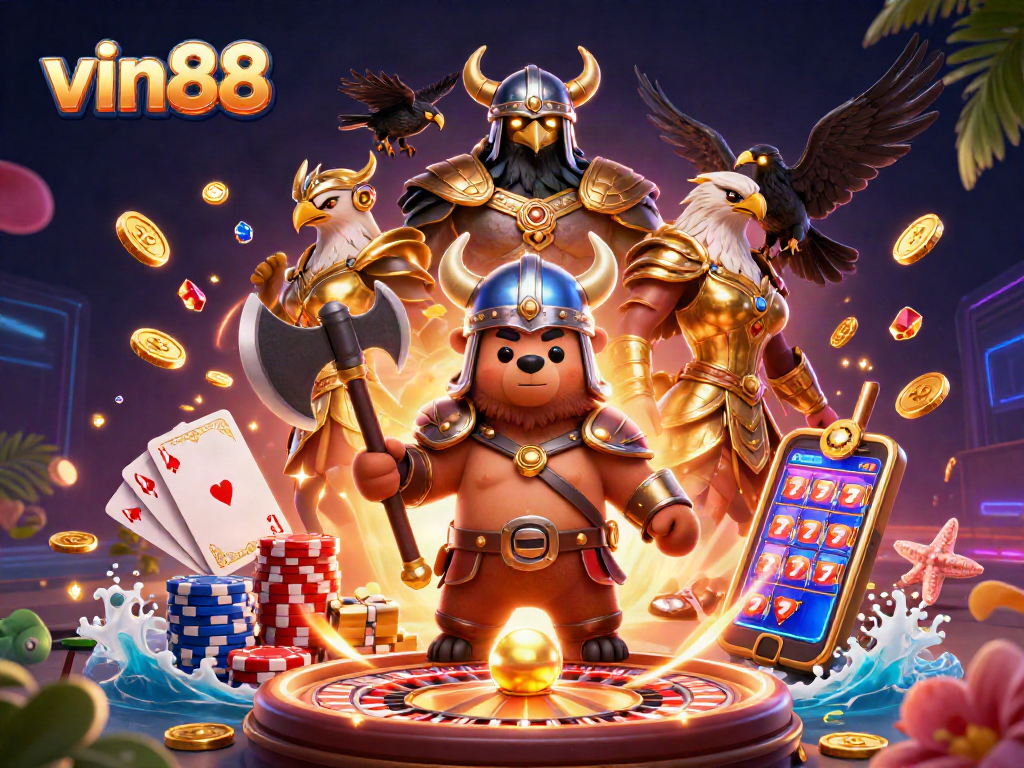 Experience the thrill of vin88 with Viking characters amidst vibrant casino elements.