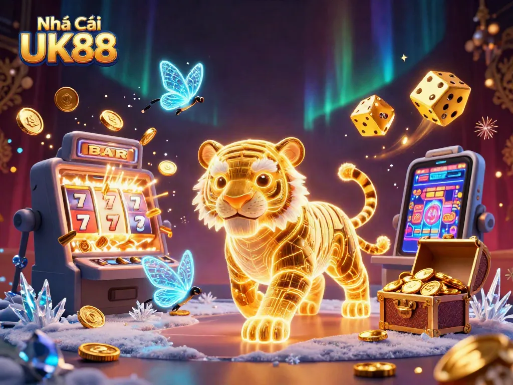 Experience the thrill with Nhà cái UK88, featuring vibrant 3D casino elements and a lucky golden tiger.