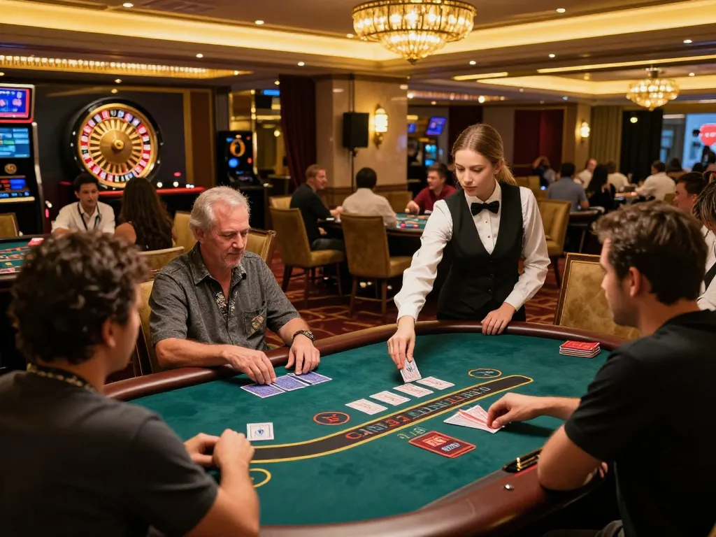 Players enjoying blackjack at a luxurious casino table, reflecting tv88's premium gambling experience.