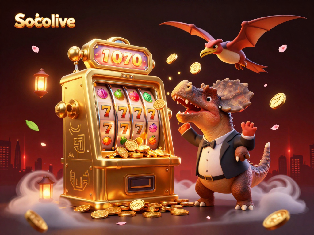 Socolive showcases a cartoon pachycephalosaurus hitting a slot machine, surrounded by dynamic casino action.