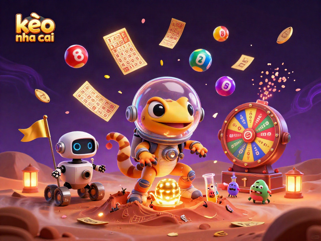 Experience the excitement of kèo nha cai with a Martian gecko uncovering a golden casino amidst vibrant game elements.