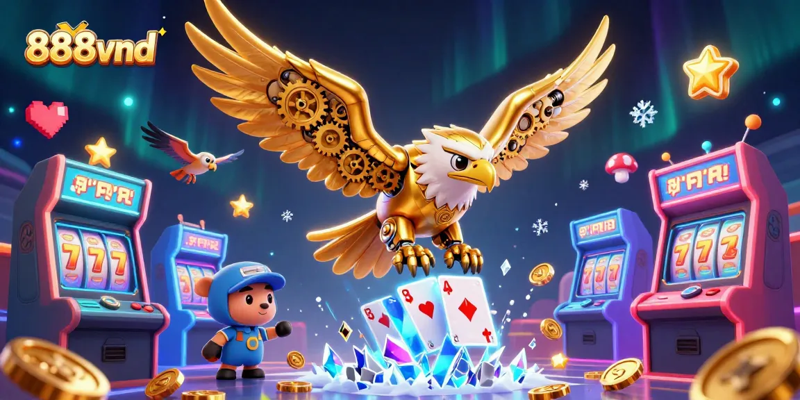 Experience the thrill of winning at 888vnd with a dynamic 3D casino scene featuring golden eagle and holographic cards.