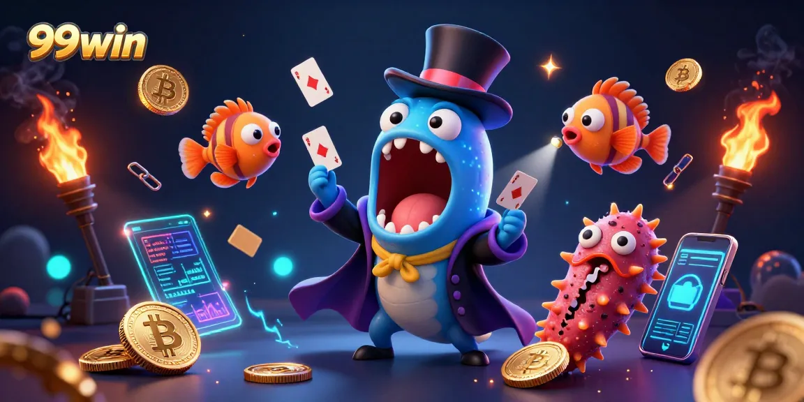 Experience thrilling card tricks in a vibrant 99win casino scene with characters and crypto elements.