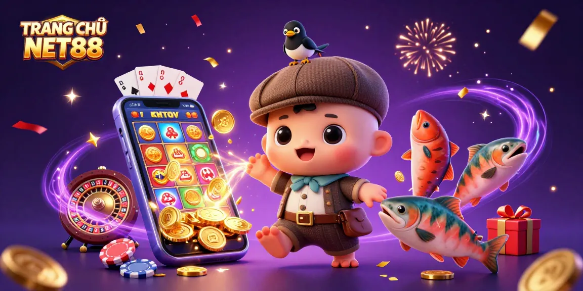 Play games on TRANG CHỦ NET88 with colorful slot reels and fun characters in a vibrant casino scene.