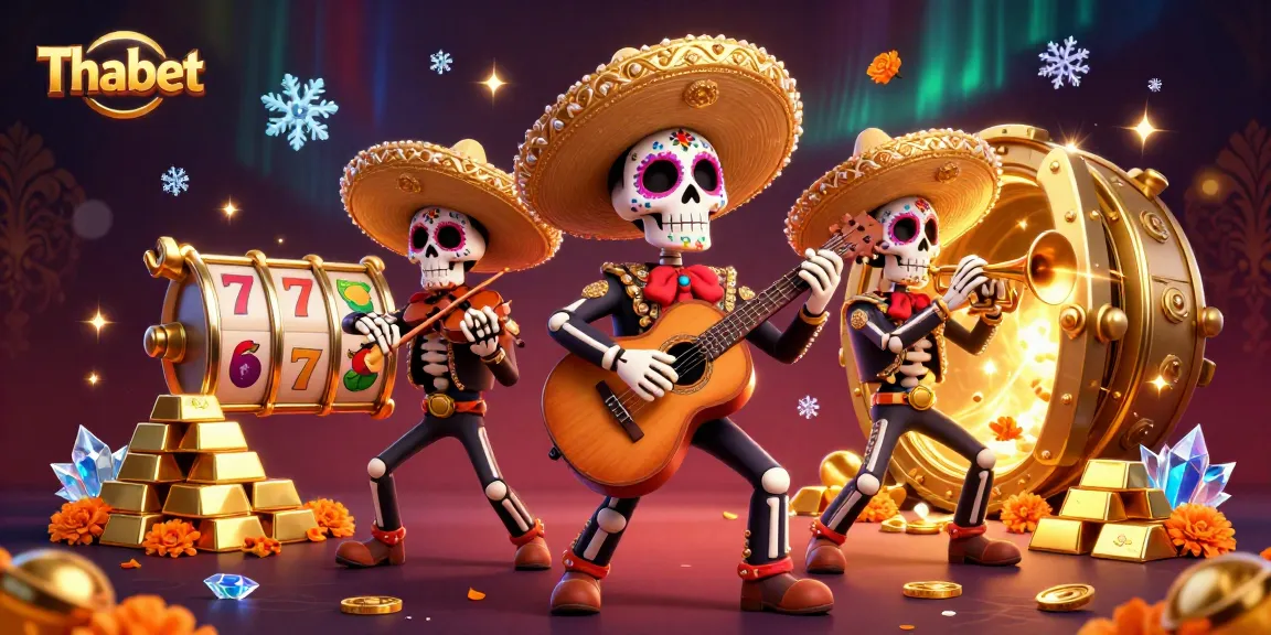 Experience Thabet's vibrant gaming world with a mariachi celebration, slot machines, and gold treasures.