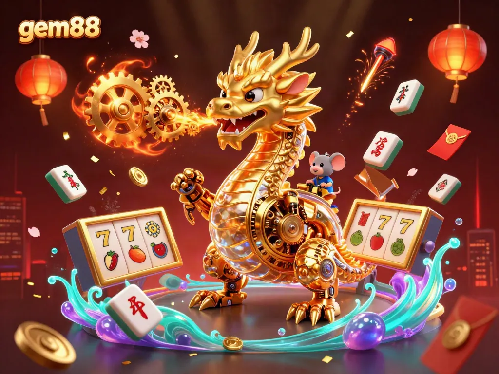 Experience gem88's exciting casino action with a golden dragon breathing gears amidst vibrant slot elements.