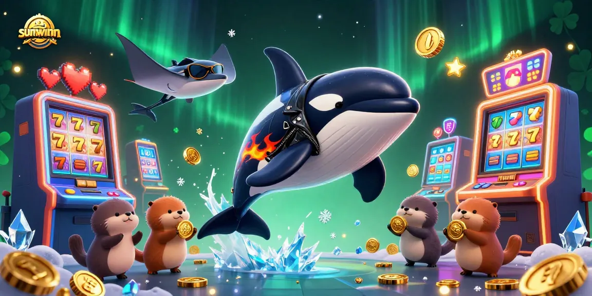 Experience thrills with sunwinn as the orca whale jumps above vibrant slot machines and sea characters.