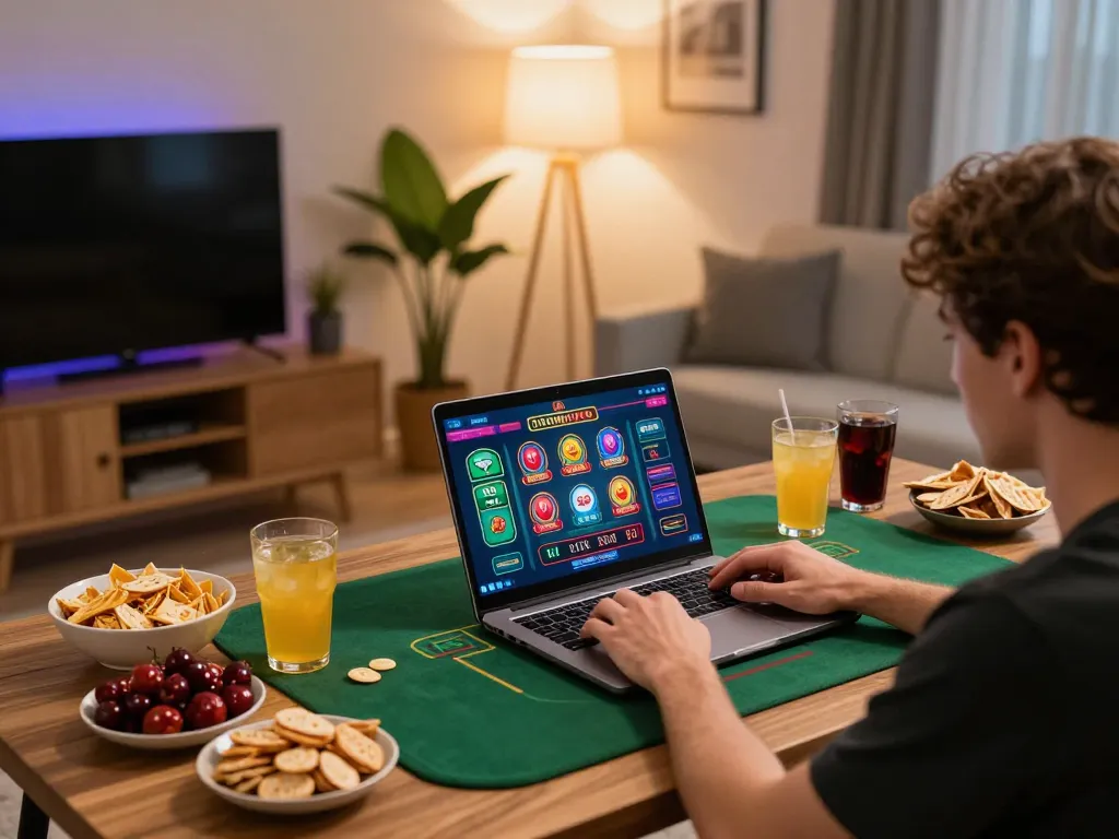 Xoso66 win strategy session at home gaming setup with laptop and snacks