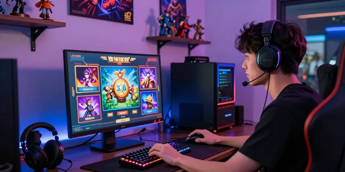 Engaged gamer enjoying slot gacor on high-resolution monitor, vibrant setup.