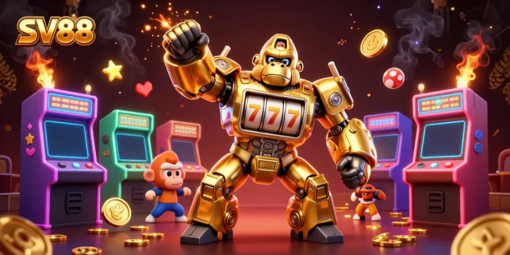 SV88's golden gorilla mech showcases dynamic casino action with lively gaming elements.